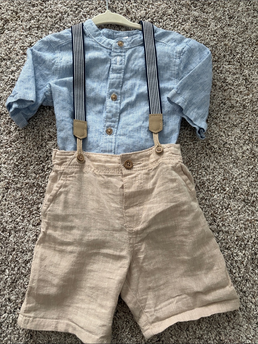 H&M Light Blue Shirt and Tan Shorts Matching Set with Navy Striped Suspenders